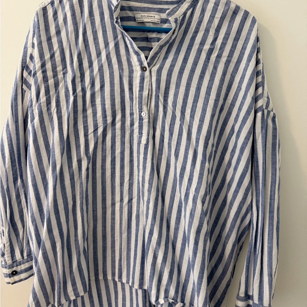 Zara Blue and White Striped Button Henley Top